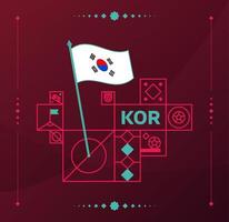 bandera ondulada vectorial del torneo mundial de fútbol de la república de corea 2022 fijada a un campo de fútbol con elementos de diseño. Fase final del torneo mundial de fútbol 2022. colores y estilo del campeonato no oficiales. vector