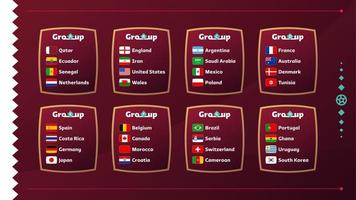 World football 2022 Groups and flags set. Flags of the countries participating in the 2022 World championship set. Vector illustration