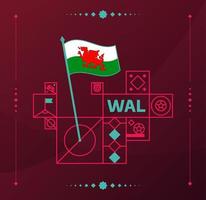 wales world football tournament 2022 vector wavy flag pinned to a soccer field with design elements. World football 2022 tournament final stage. Non Official championship colors and style.