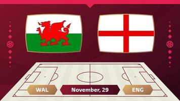 wales vs England match. Football 2022 world championship match versus teams on soccer field. Intro sport background, championship competition final poster, flat style vector illustration
