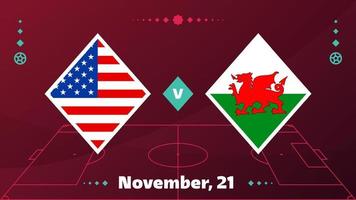 partido usa vs gales. partido del campeonato mundial de fútbol 2022 contra equipos en el campo de fútbol. fondo deportivo de introducción, póster final de la competición del campeonato, ilustración vectorial de estilo plano vector