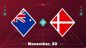 australia vs denmark match. Football 2022 world championship match versus teams on soccer field. Intro sport background, championship competition final poster, flat style vector illustration