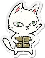 distressed sticker of a cartoon cat holding parcel vector