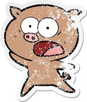 distressed sticker of a cartoon pig shouting vector