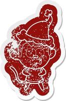 cartoon distressed sticker of a surprised monkey wearing santa hat vector