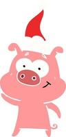 happy flat color illustration of a pig wearing santa hat vector