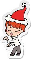 sticker cartoon of a woman with eyes shut wearing santa hat vector