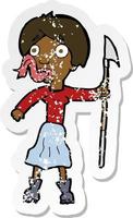 pegatina retro angustiada de una mujer caricaturista con lanza sacando la lengua vector