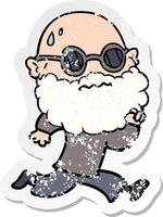 distressed sticker of a cartoon running man with beard and sunglasses sweating vector