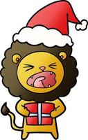 gradient cartoon of a lion with christmas present wearing santa hat vector