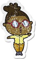 distressed sticker of a cartoon woman wearing spectacles vector