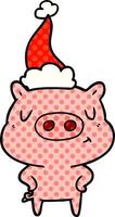 comic book style illustration of a content pig wearing santa hat vector