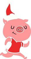 happy flat color illustration of a pig running wearing santa hat vector