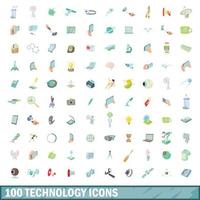 100 technology icons set, cartoon style vector