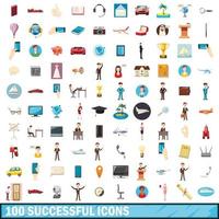 100 successful icons set, cartoon style vector