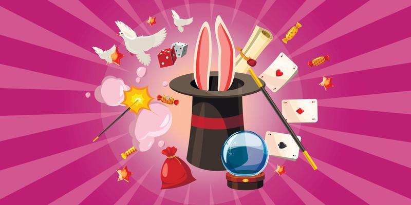 Magician rabbit banner horizontal, cartoon style