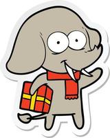 sticker of a happy cartoon elephant with present vector