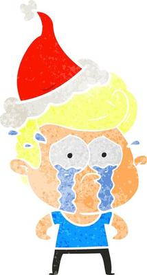 retro cartoon of a crying man wearing santa hat