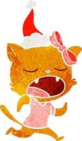 retro cartoon of a yawning cat wearing santa hat vector