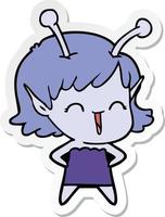 sticker of a cartoon alien girl laughing vector