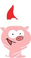 cheerful sitting pig flat color illustration of a wearing santa hat vector