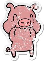 distressed sticker of a nervous cartoon pig vector
