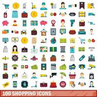 100 iconos de compras, estilo plano vector