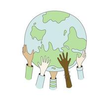 Children hands holding globe. Happy Earth Day. World Children day hand drawn card. Doodle multicultural kids hands holding Earth. Peace concept. Vector illustration isolated on white background