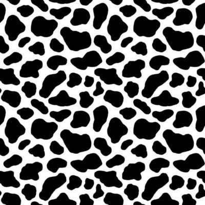 Cow hide seamless pattern. Holstein cattle texture. Cow skin pattern with smooth black and white texture. Dalmatian dog stains print. Black spots background. Animal skin template. Vector illustration