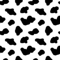 Cow hide seamless pattern. Holstein cattle texture. Cow skin pattern with smooth black and white texture. Dalmatian dog stains print. Black spots background. Animal skin template. Vector illustration