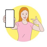 mujer joven que muestra su teléfono inteligente mientras señala su teléfono inteligente con espacio de copia vector