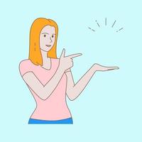 Young woman pointing finger and showing something at blank copy space vector