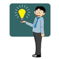 Businessman with an idea concept. Man standing showing light bulb on hand as symbol of great business idea vector