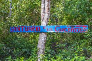 Puerto Aventuras Quintana Roo Mexico 2022 Santuario de los guerreros information arrow welcome sing board Mexico. photo