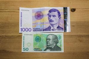 Hemsedal Viken Norway 2016 Norwegian banknotes Kroner 50 and 1000 notes green and purple. photo