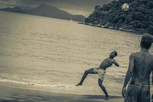 Ilha Grande Rio de Janeiro Brazil 2020 Male soccer players beach big tropical island Ilha Grande Brazil. photo