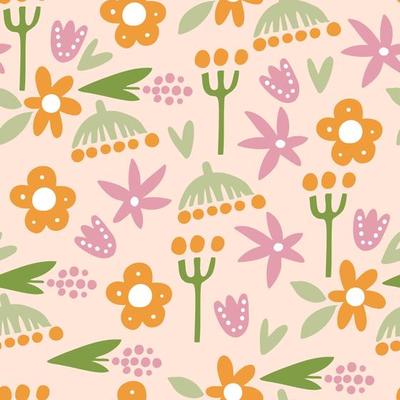 seamless pattern with colorful small abstract flowers on pink background.