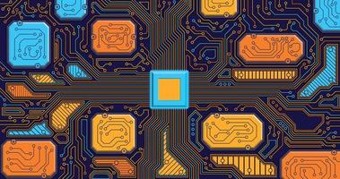 Detail of a circuit board with several chips connected by yellow, orange and blue lines. Vector image