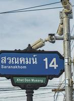 Don Mueang Bangkok Thailand 2018 Typical blue Asian style road sign in Bangkok Thailand. photo