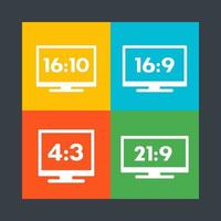 Aspect ratio icons, 16 9, 16 10, 4 3, 21 9, widescreen and standard monitors, tv vector