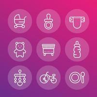 baby icons set, pram, pacifier, toys, crib, diaper, teddy-bear in linear style vector
