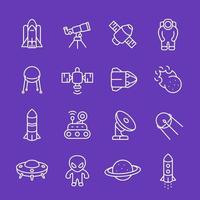 Space and astronomy icons, planet with asteroid belt, comet, satellite, shuttle, rocket, radio telescope, astronaut, thin linear style