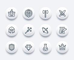 Game line icons set, swords, magic wand, bow, castle, fortress, helmet, shield, armor, potion vector