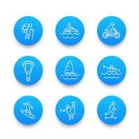 extreme outdoor activities line icons, skydiving, alpinism, skateboarding, sailing, motocross, rafting vector