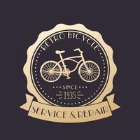 Retro Bicycle service and repair vintage logo, emblem with old bike, gold over dark vector