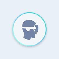 VR helmet icon, man in profile in virtual reality glasses, vr pictogram, virtual reality headset round icon, vector illustration
