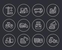 construction vehicles line icons set vector