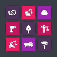 construction icons set, tools, equipment, trowel, drill, roller, excavator, heavy truck, crane, tape measure vector