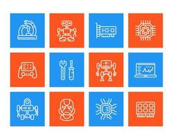 Robotics, mechanical engineering, robots linear icons set vector