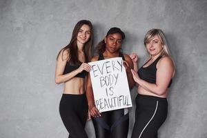 Sign that remind some important things. Group of multi ethnic women standing in the studio against grey background photo